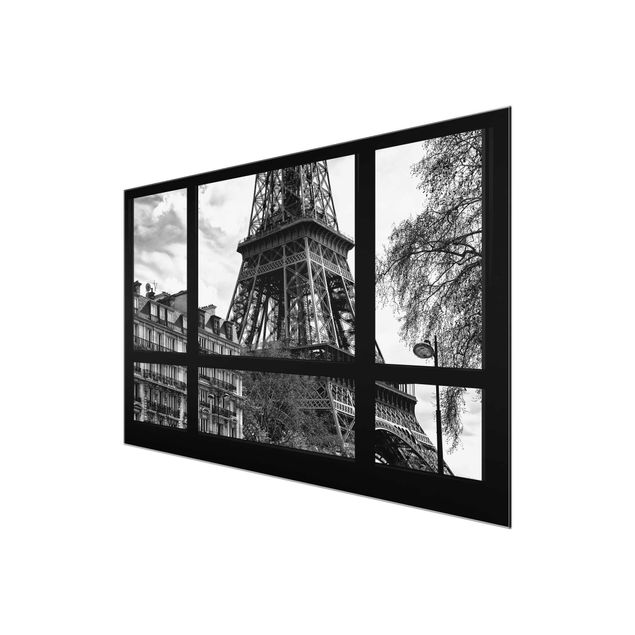 Glasschilderijen Window view Paris - Near the Eiffel Tower black and white