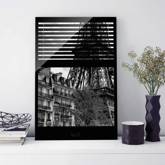 Magnettafel Glas Window view Paris - Near the Eiffel Tower black and white
