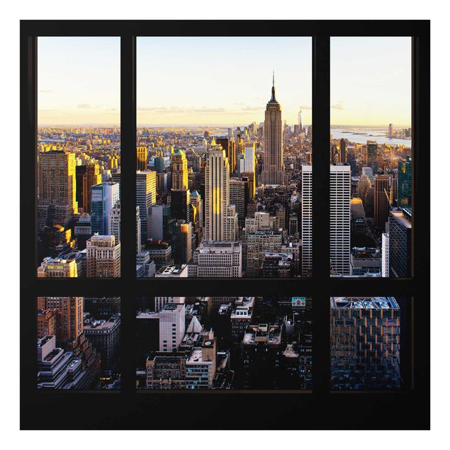 Glasschilderijen Window View At Night Over New York