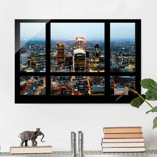 Glas Magnetboard Window view illuminated skyline of London