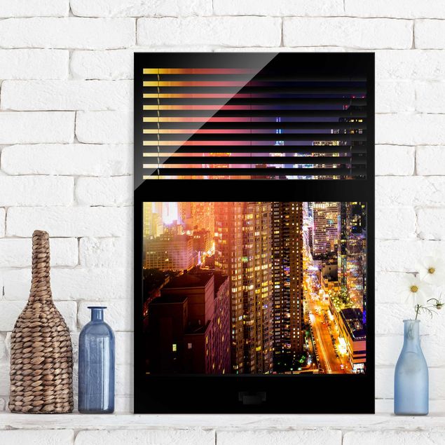 Glas Magnetboard Window View Blinds - Manhattan at night