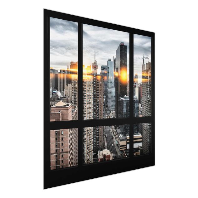 Glasschilderijen Windows Overlooking New York With Sun Reflection