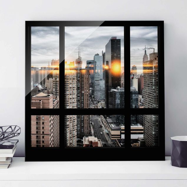 Glas Magnetboard Windows Overlooking New York With Sun Reflection
