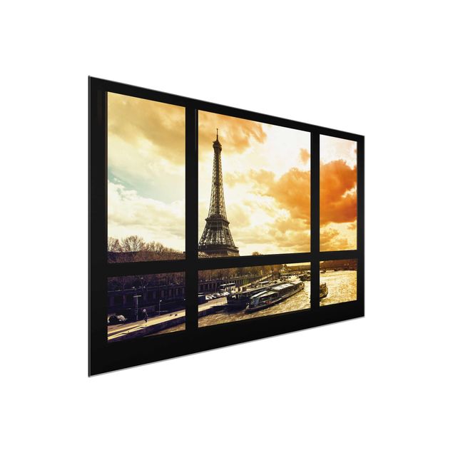 Glasschilderijen Window view - Paris Eiffel Tower sunset