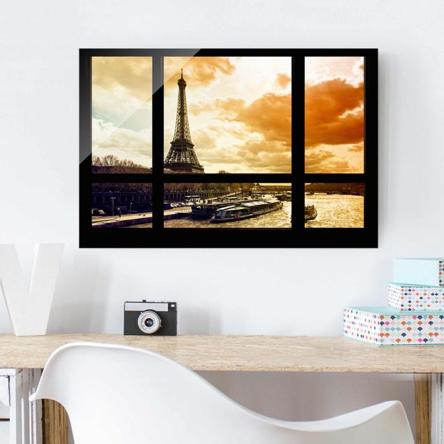 Glas Magnetboard Window view - Paris Eiffel Tower sunset