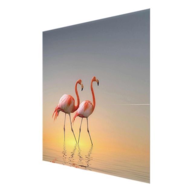 Glasschilderijen Flamingo Love