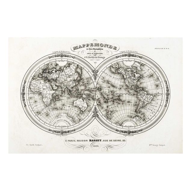 Glasschilderijen French map of the hemispheres from 1848