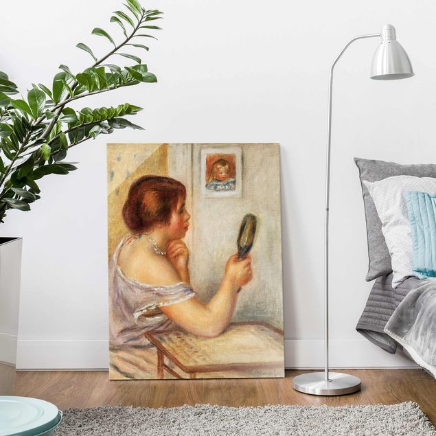 Glasschilderijen Auguste Renoir - Gabrielle holding a Mirror or Marie Dupuis holding a Mirror with a Portrait of Coco