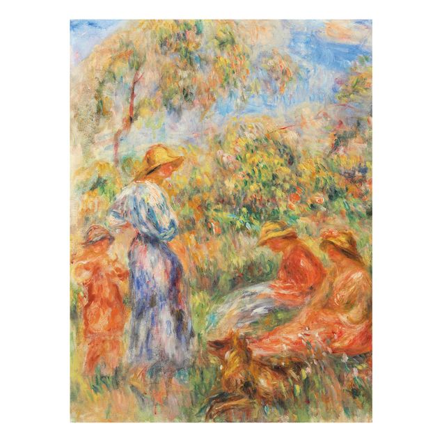 Glasschilderijen Auguste Renoir - Three Women and Child in a Landscape