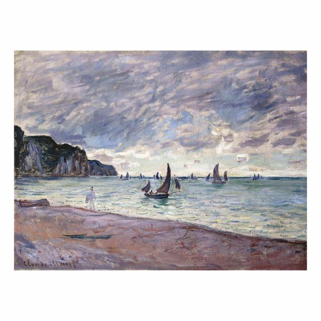 Glasschilderijen Claude Monet - Fishing Boats In Front Of The Beach And Cliffs Of Pourville