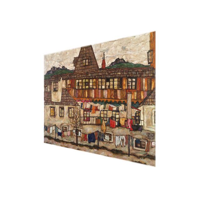Glasschilderijen Egon Schiele - House With Drying Laundry