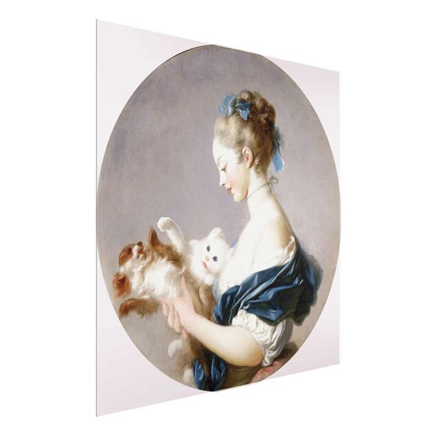 Glasschilderijen Jean Honoré Fragonard - Girl playing with a Dog and a Cat