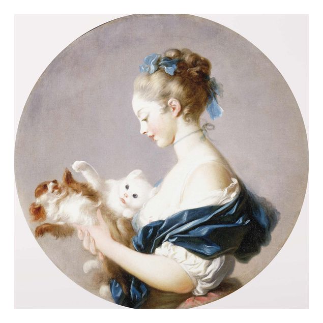 Glasschilderijen Jean Honoré Fragonard - Girl playing with a Dog and a Cat