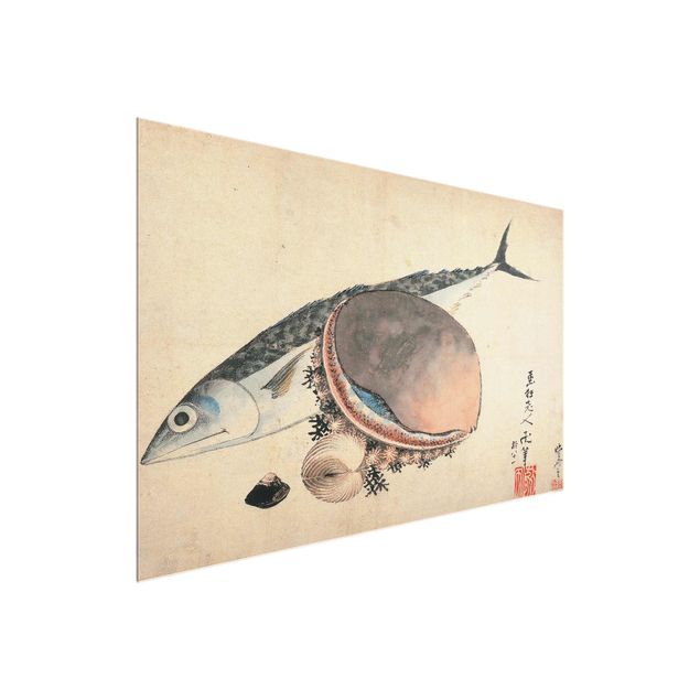 Glasschilderijen Katsushika Hokusai - Mackerel and Sea Shells