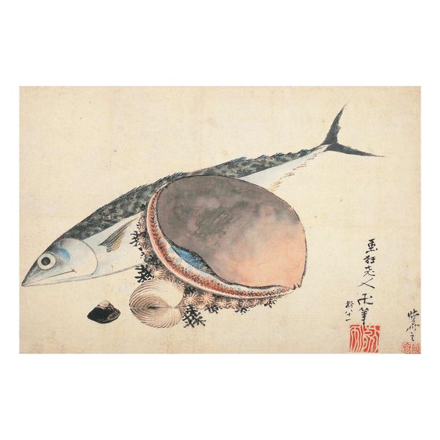 Glasschilderijen Katsushika Hokusai - Mackerel and Sea Shells