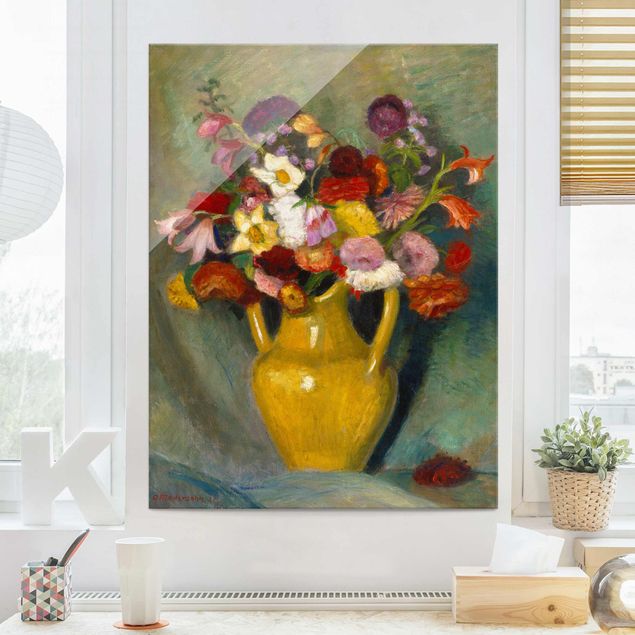 Glasschilderijen Otto Modersohn - Colourful Bouquet in Yellow Clay Jug