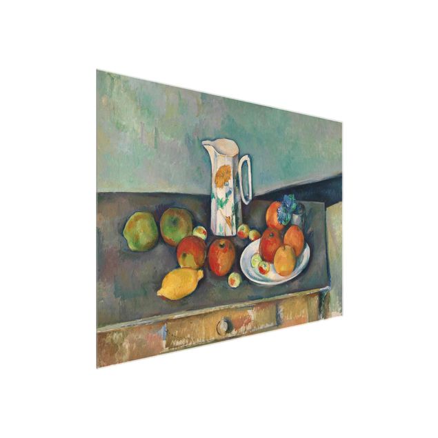 Glasschilderijen Paul Cézanne - Still Life With Peaches And Bottles