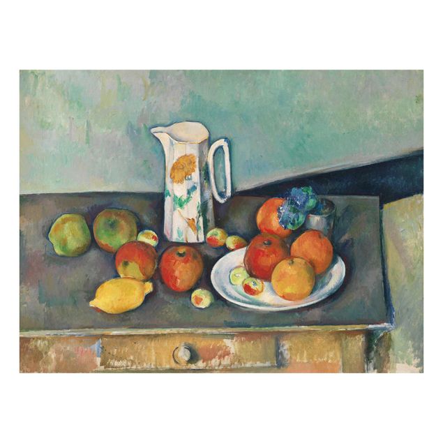 Glasschilderijen Paul Cézanne - Still Life, Flower Curtain, And Fruits