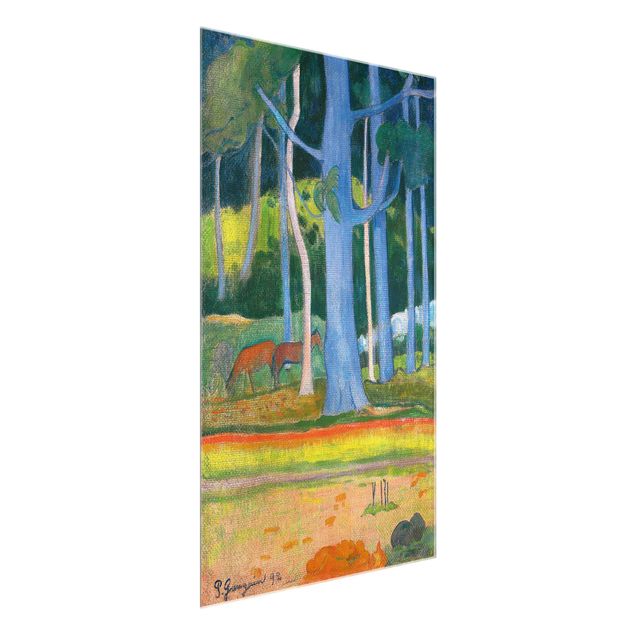 Glasschilderijen Paul Gauguin - Landscape with blue Tree Trunks