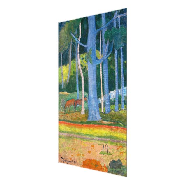 Glasschilderijen Paul Gauguin - Landscape with blue Tree Trunks