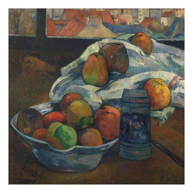 Glasschilderijen Paul Gauguin - Fruit Bowl and Pitcher in front of a Window