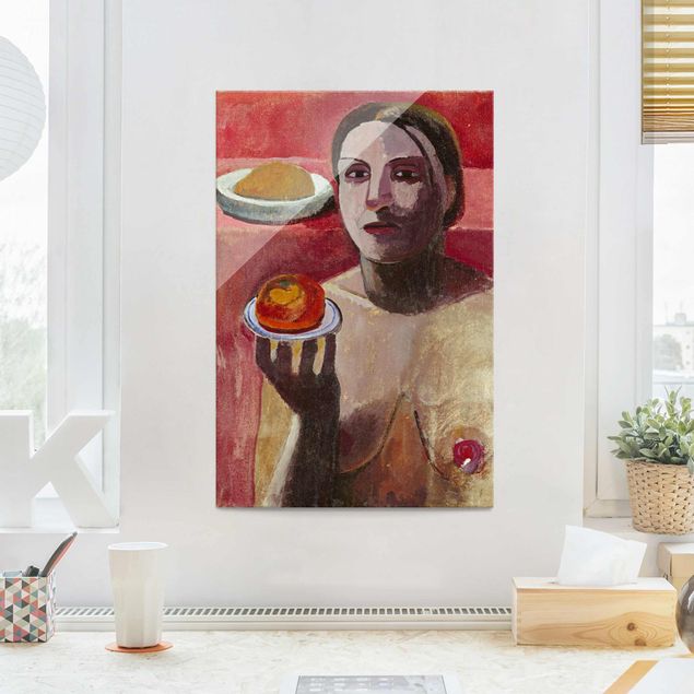Glasschilderijen Paula Modersohn-Becker - Semi-nude Italian Woman with Plate