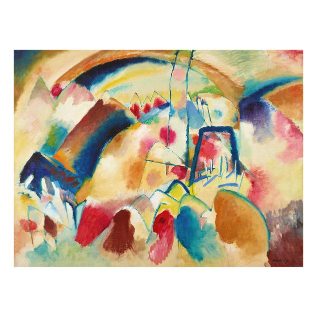 Glasschilderijen Wassily Kandinsky - Landscape With Church (Landscape With Red Spotsi)