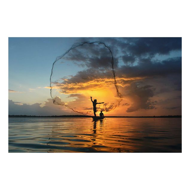 Glasschilderijen Fishing Net At Sunset