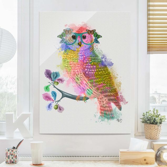 Glas Magnetboard Rainbow Splash Owl