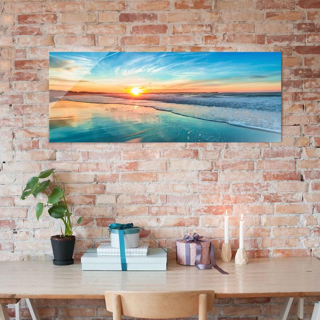 Glasschilderijen Romantic Sunset By The Sea