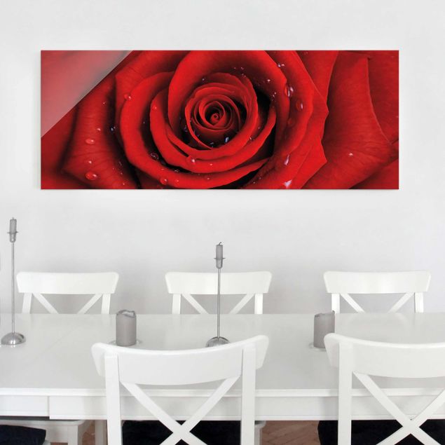 Glas Magnettafel Red Rose With Water Drops