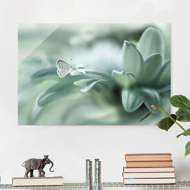 Magnettafel Glas Butterfly And Dew Drops In Pastel Green
