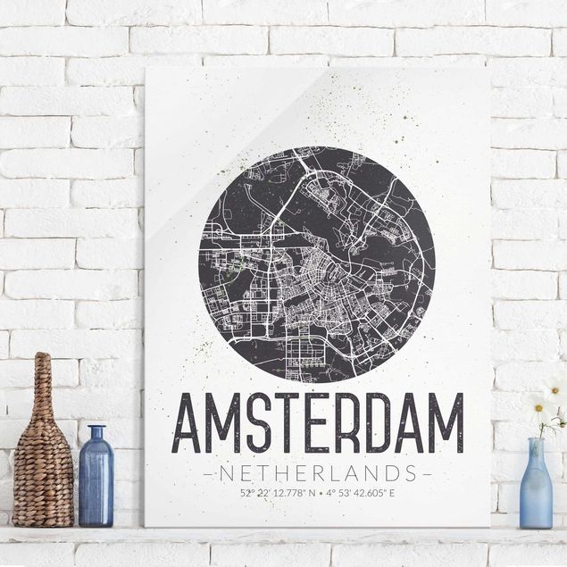 Glas Magnettafel Amsterdam City Map - Retro