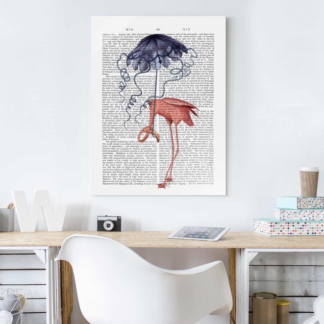 Glasschilderijen Animal Reading - Flamingo With Umbrella