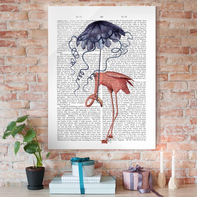 Glas Magnetboard Animal Reading - Flamingo With Umbrella