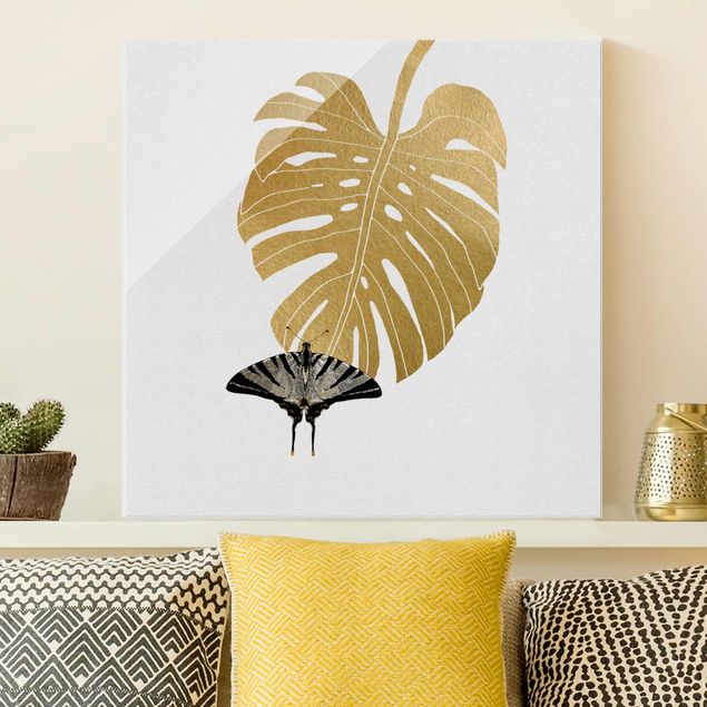Glas Magnetboard Golden Monstera With Butterfly