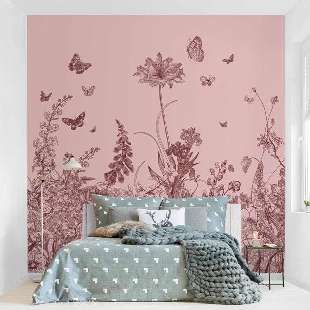 Fotobehang Large Flowers With Butterflies On Pink