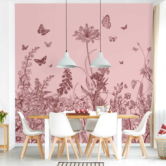 Fotobehang Large Flowers With Butterflies On Pink