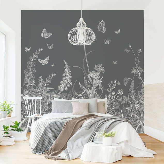 Fotobehang Large Flowers With Butterflies In Grey