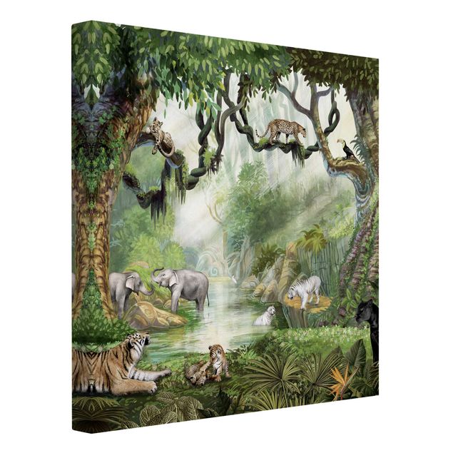 Canvas schilderijen - Big cats in the jungle oasis
