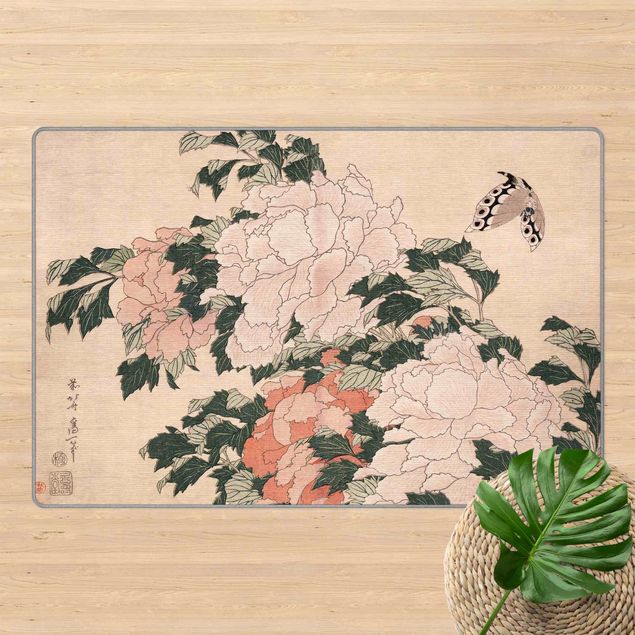 Vloerkleed bloemen Katsushika Hokusai - Pink Peonies With Butterfly