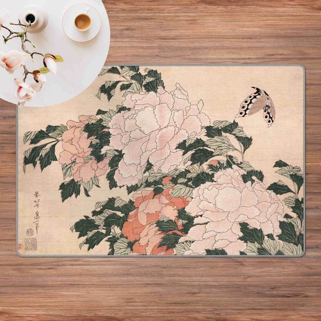 Vloerkleed natuur Katsushika Hokusai - Pink Peonies With Butterfly