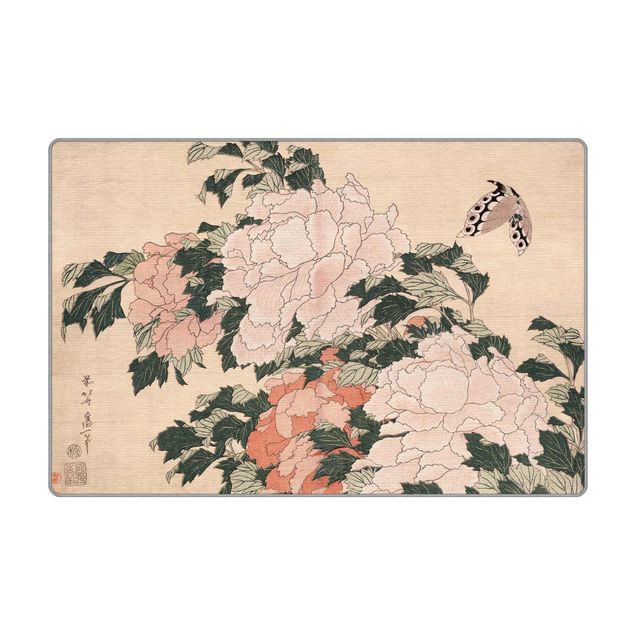 Vloerkleed - Katsushika Hokusai - Pink Peonies With Butterfly