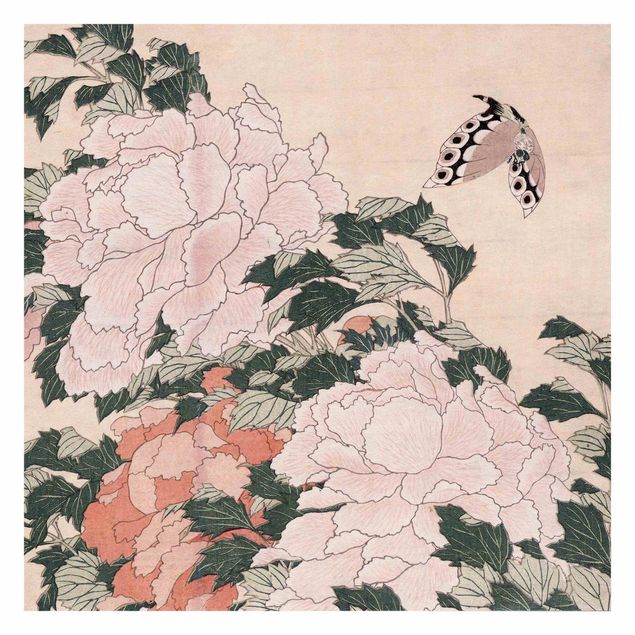Fotobehang Katsushika Hokusai - Pink Peonies With Butterfly