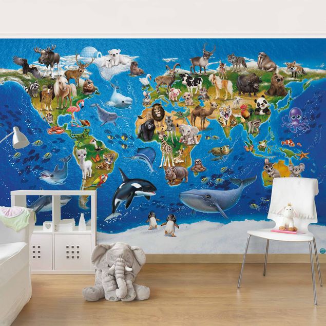 Fotobehang Animal Club International - World Map With Animals