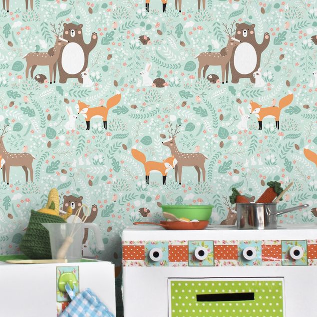 Patroonbehang Kids Pattern Forest Friends With Forest Animals