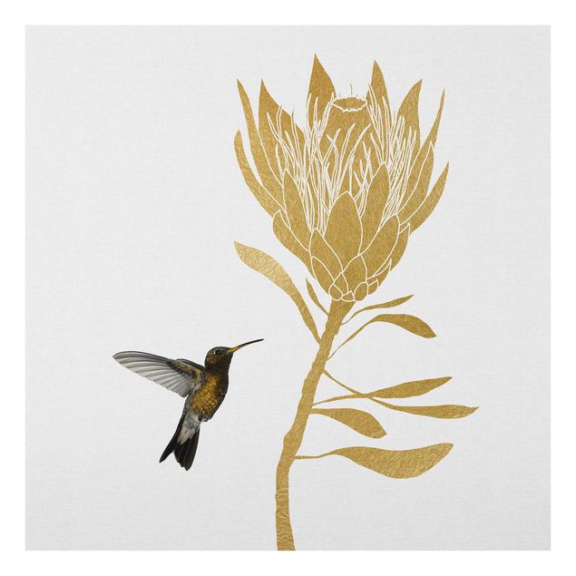 Glasschilderijen Hummingbird And Tropical Golden Blossom