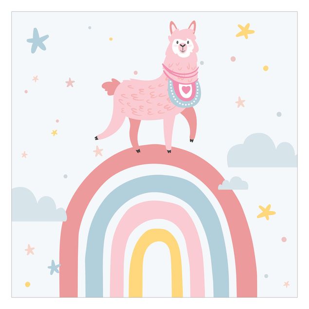 Fotobehang Lama On Rainbow With Stars And Dots
