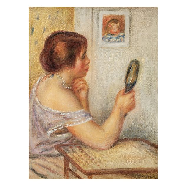 Canvas schilderijen Auguste Renoir - Gabrielle holding a Mirror or Marie Dupuis holding a Mirror with a Portrait of Coco