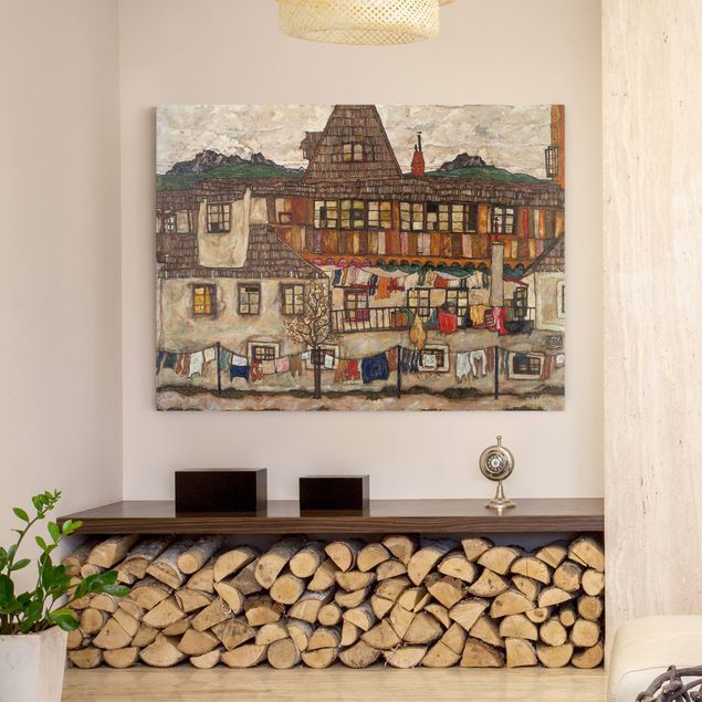 Canvas schilderijen Egon Schiele - House With Drying Laundry